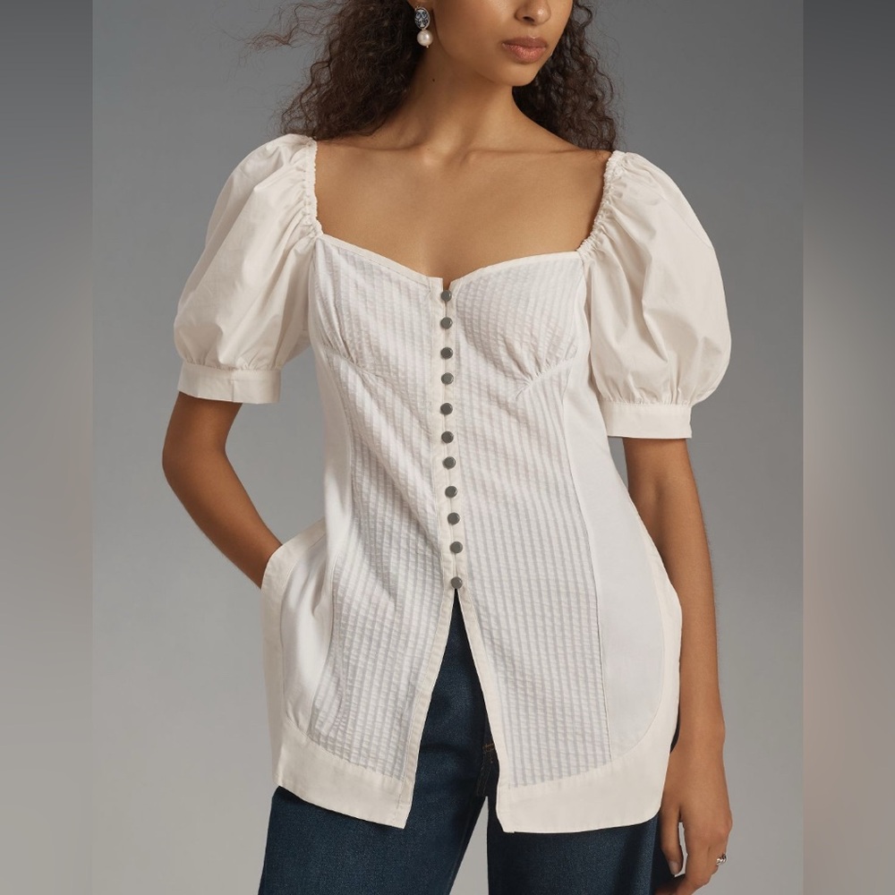Maeve Anthropologie White Puff Sleeve Sweetheart Top